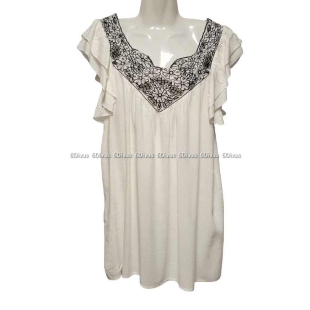 𝅺WHITE Cotton Short Sleeve Black Lace Blouse Various Sizes M L XL- NWT